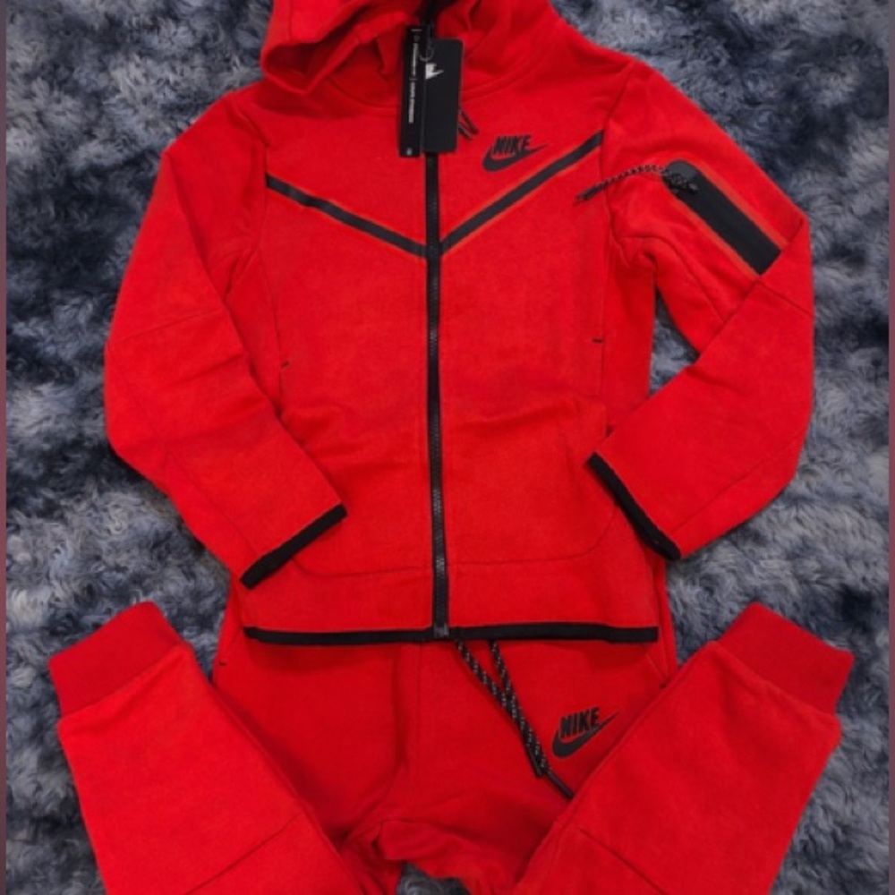 Kids Nike Tech Red and Black Hoodie Tracksuit